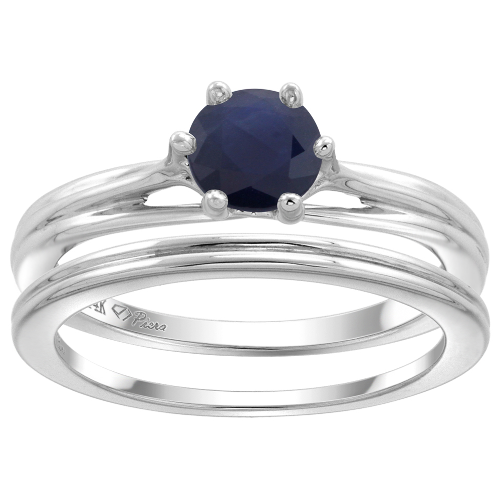 14k White Gold Quality Genuine Blue Sapphire Solitaire Engagement 2pc Ring Set Round 6mm, size 5-10