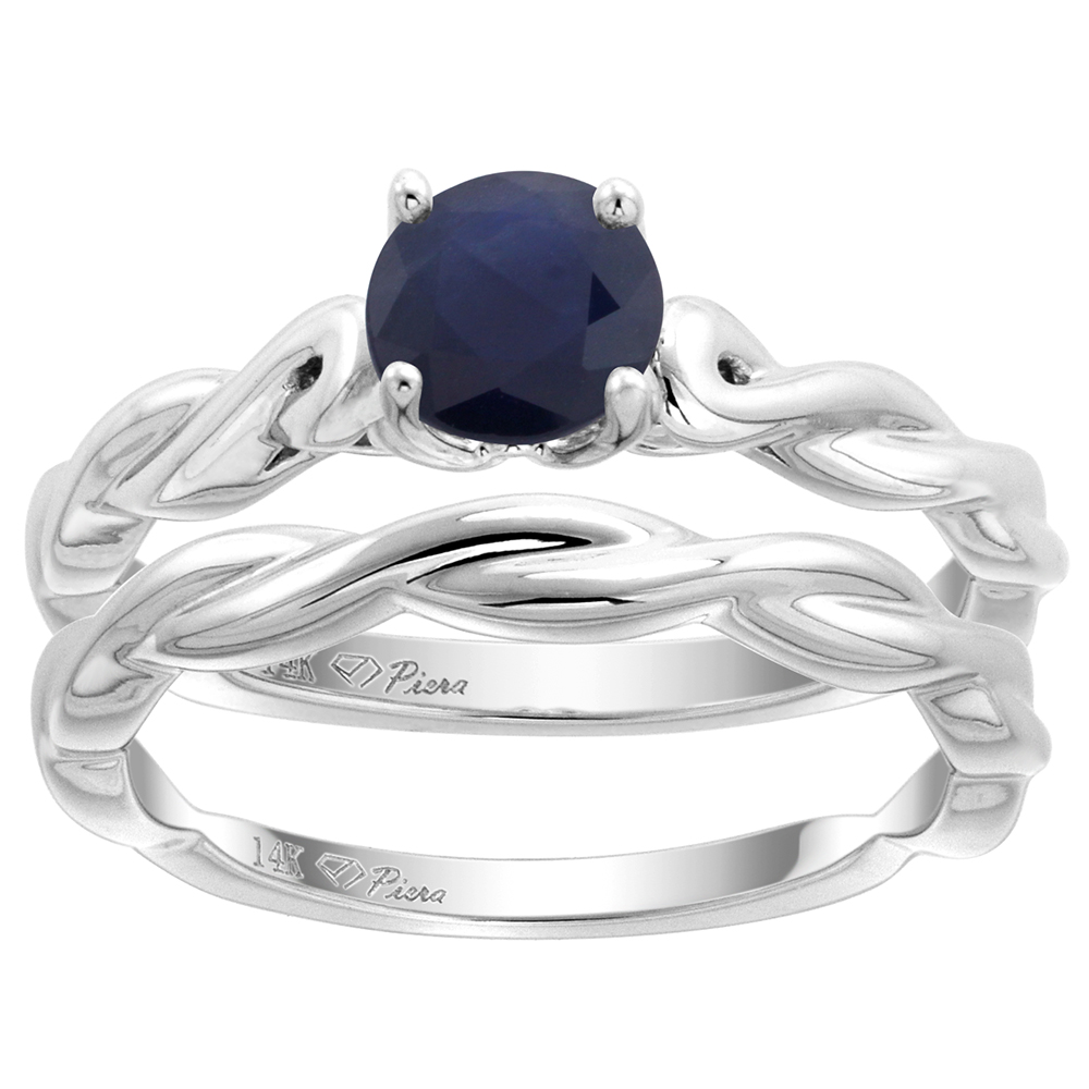 14k White Gold Quality Genuine Blue Sapphire 2pc Solitaire Ring Set Round 6mm Twisted Shank, size 5-10