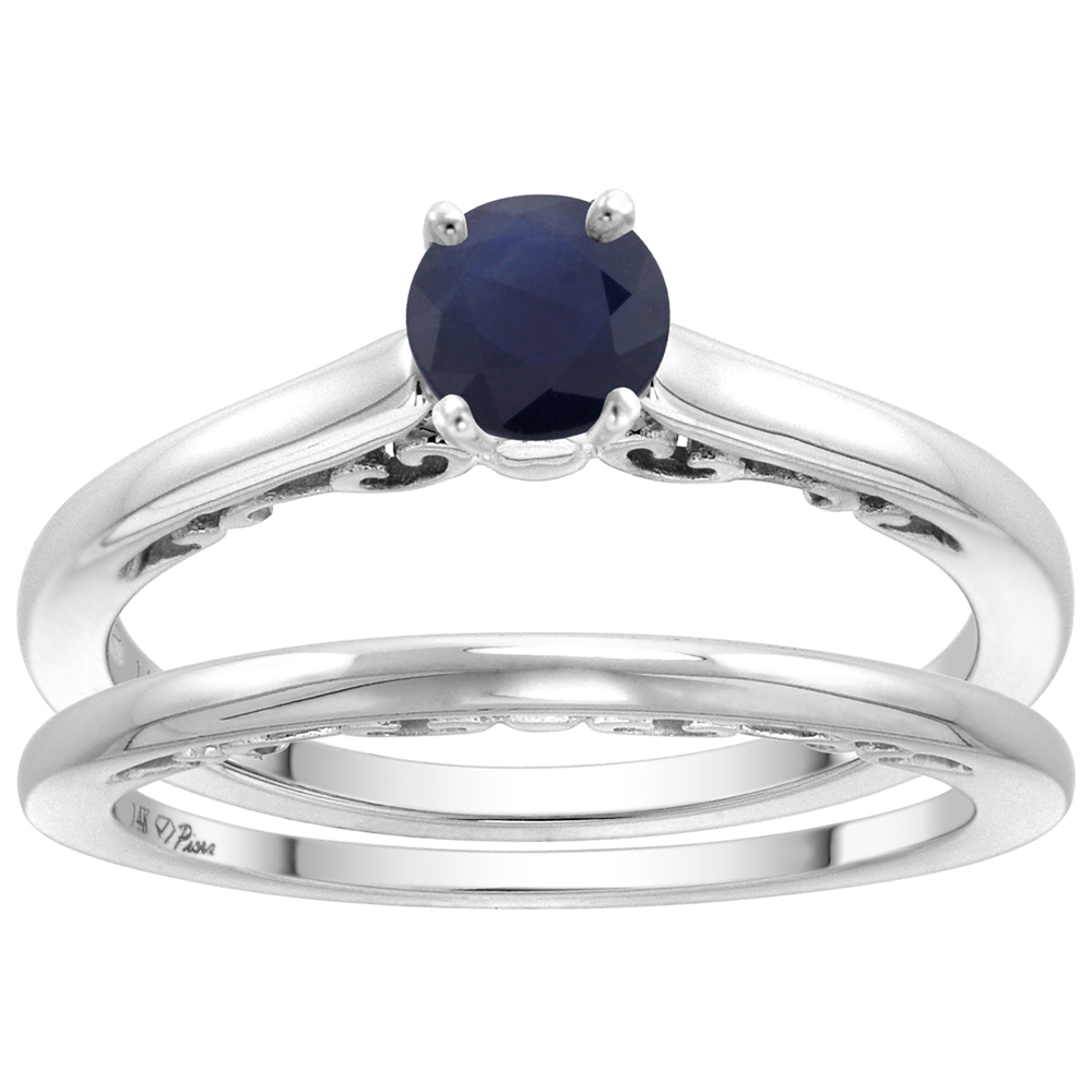 14k White Gold Quality Genuine Blue Sapphire Engagement 2pc Ring Set Round 4mm, size 5-10