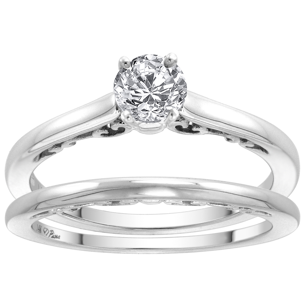 14k White Gold 0.25 carat size Cubic Zirconia Solitaire Engagement 2pc Ring Set Round 4mm, size 5-10