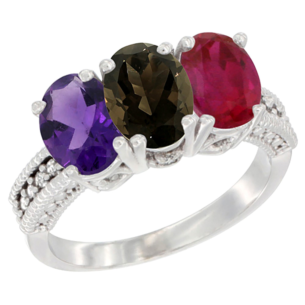 10K White Gold Natural Amethyst, Smoky Topaz & Enhanced Ruby Ring 3-Stone Oval 7x5 mm Diamond Accent, sizes 5 - 10