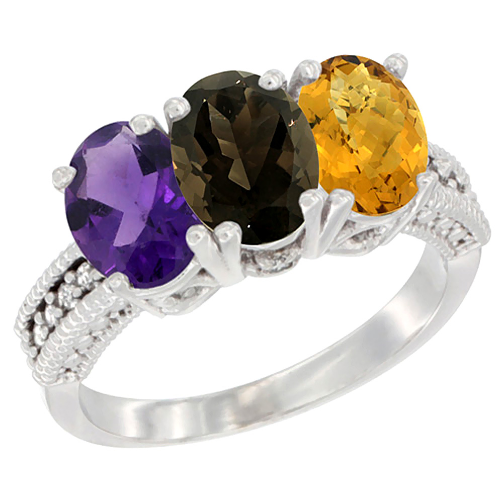 10K White Gold Natural Amethyst, Smoky Topaz & Whisky Quartz Ring 3-Stone Oval 7x5 mm Diamond Accent, sizes 5 - 10
