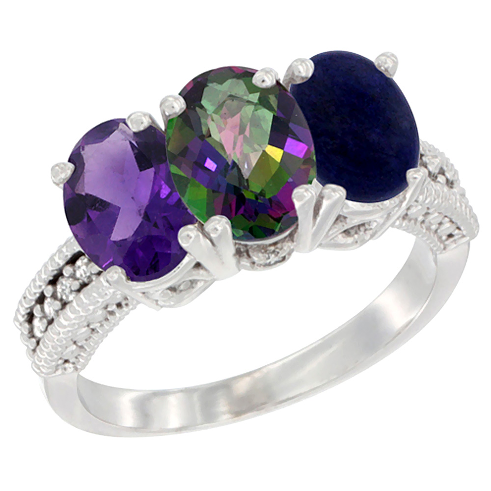 10K White Gold Natural Amethyst, Mystic Topaz & Lapis Ring 3-Stone Oval 7x5 mm Diamond Accent, sizes 5 - 10