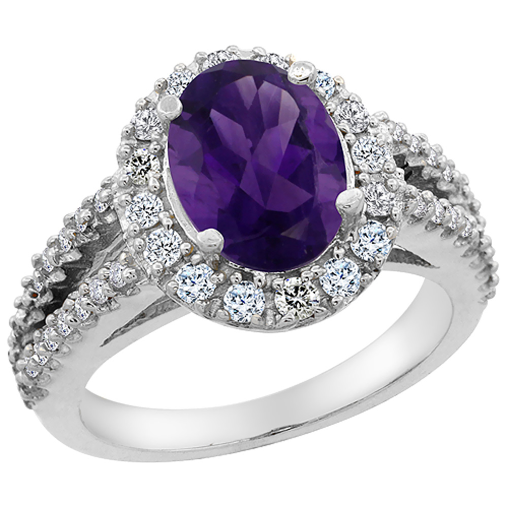10K White Gold Diamond Genuine Amethyst Engagement Ring Oval 10x8mm sizes 5-10