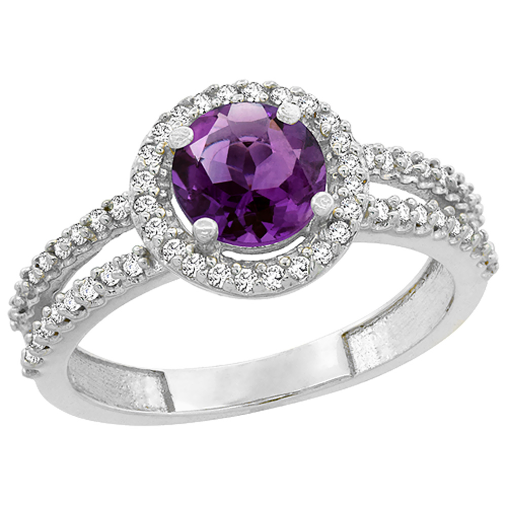 10K White Gold Diamond Halo Genuine Amethyst Ring Round 6mm sizes 5 - 10