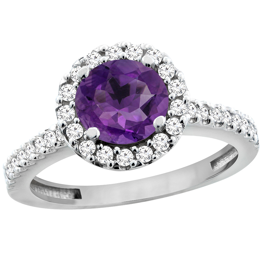 10K White Gold Diamond Halo Genuine Amethyst Ring Round 6mm Floating sizes 5 - 10