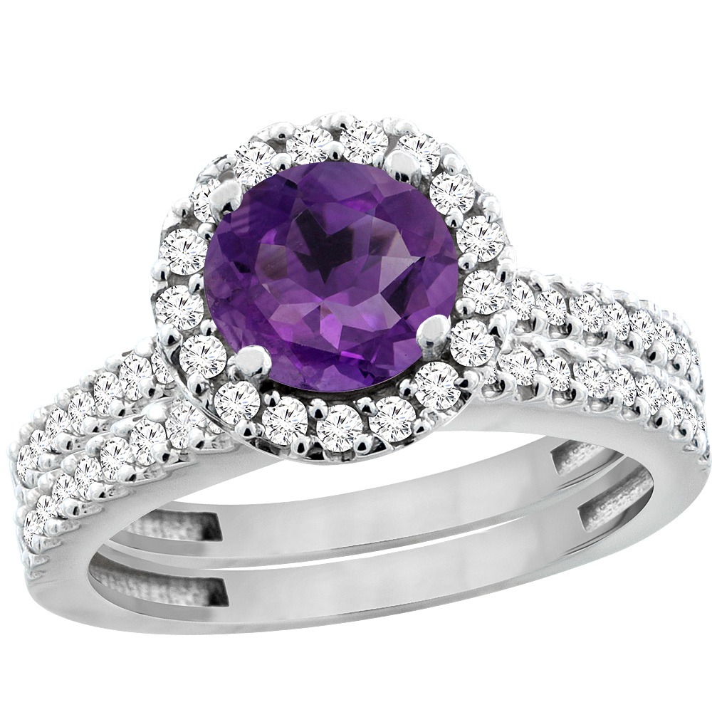 10K White Gold Diamond Halo Genuine Amethyst Round 6mm 2-Piece Engagement Ring Set Floating sizes 5 - 10