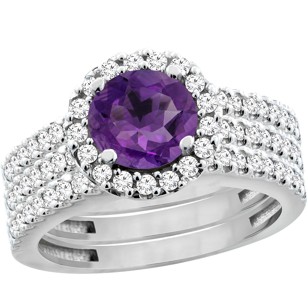 10K White Gold Diamond Halo Genuine Amethyst 3-Piece Bridal Ring Set Round 6mm sizes 5 - 10