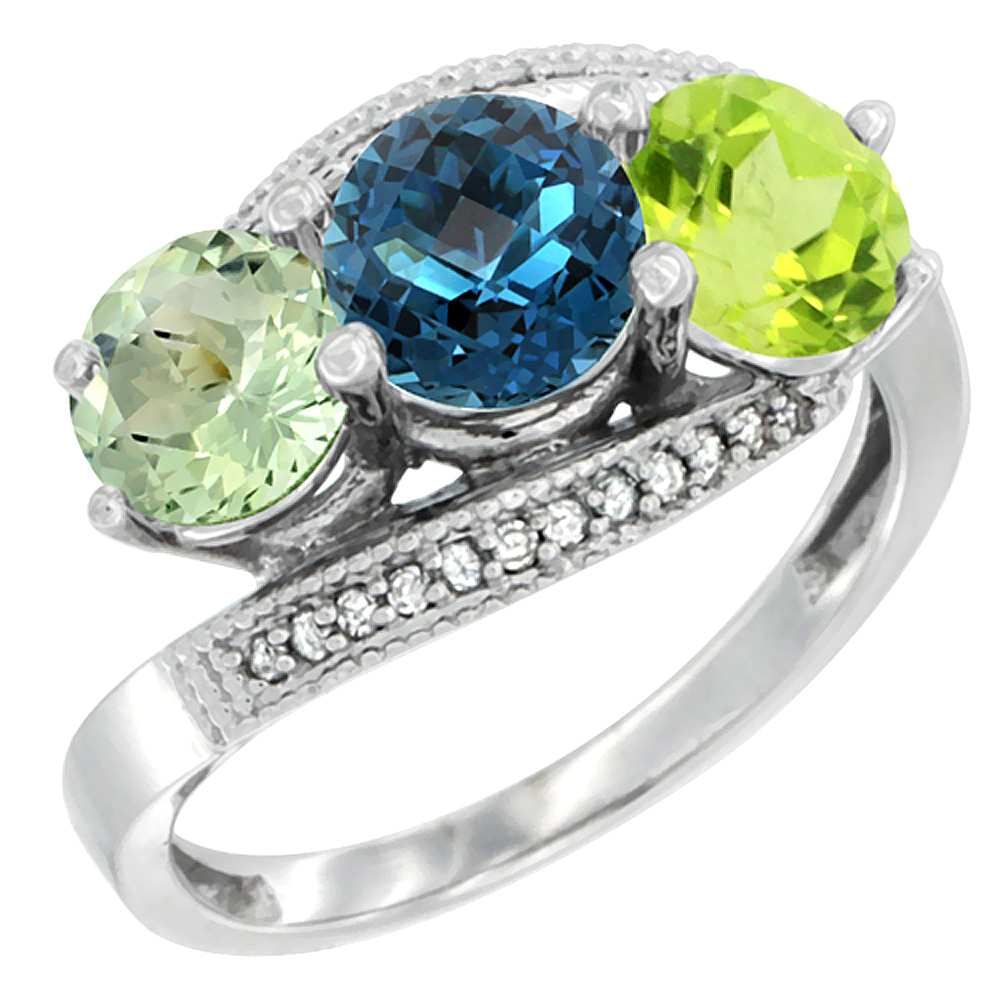 10K White Gold Natural Green Amethyst, London Blue Topaz & Peridot 3 stone Ring Round 6mm Diamond Accent, sizes 5 - 10