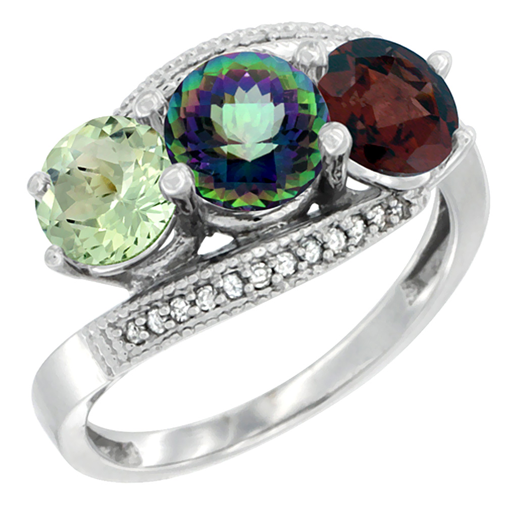 10K White Gold Natural Green Amethyst, Mystic Topaz & Garnet 3 stone Ring Round 6mm Diamond Accent, sizes 5 - 10