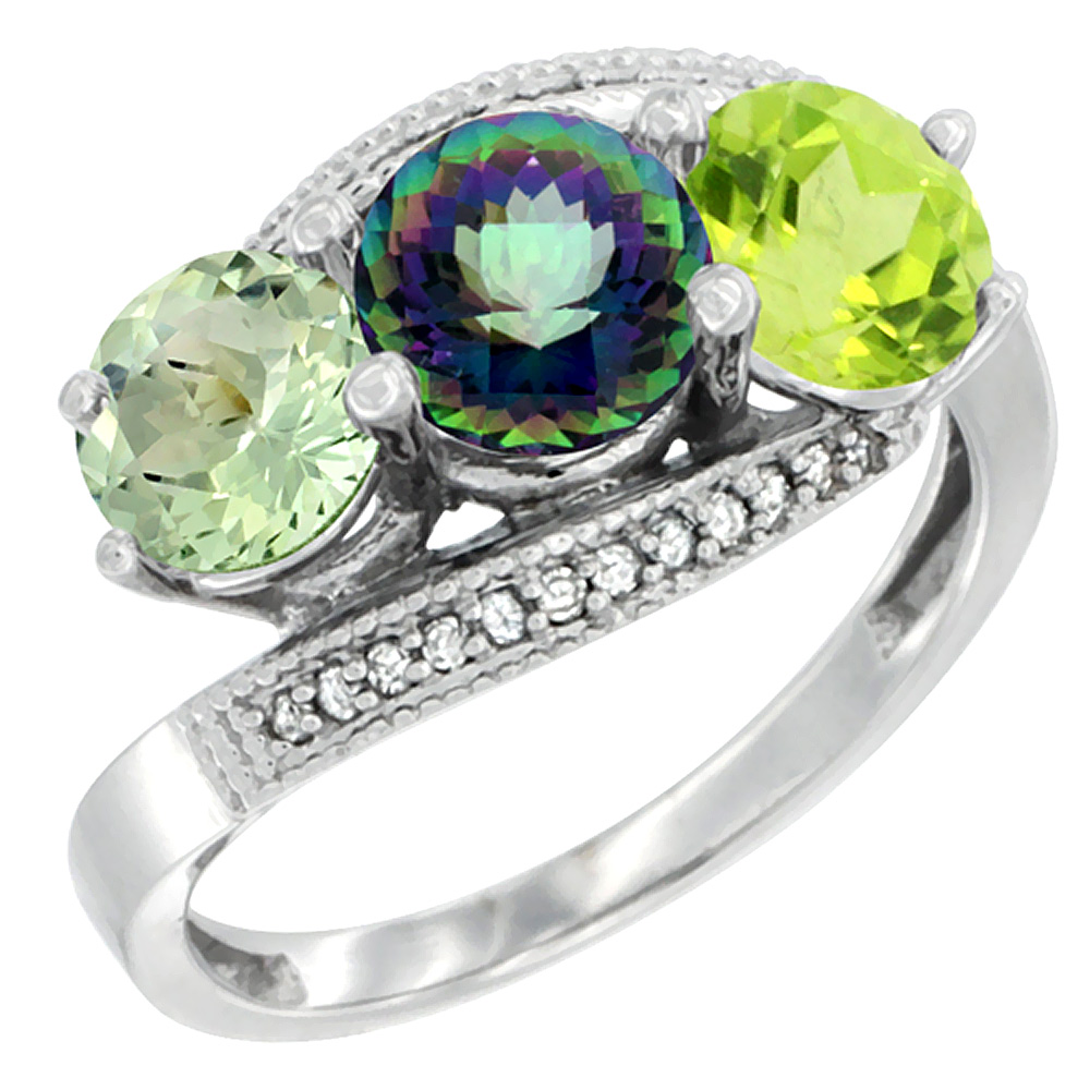 10K White Gold Natural Green Amethyst, Mystic Topaz & Peridot 3 stone Ring Round 6mm Diamond Accent, sizes 5 - 10