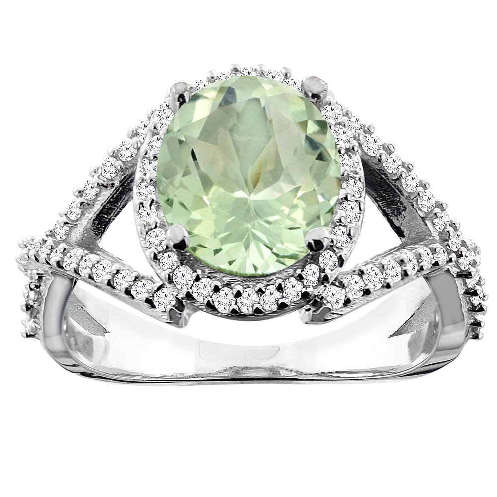 14K White/Yellow/Rose Gold Natural Green Amethyst Ring Oval 9x7mm Diamond Accent, sizes 5 - 10