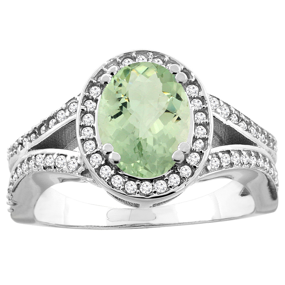 14k Gold Diamond Halo Genuine Green Amethyst Ring Split Shank Oval 8x6mm, size 5-10