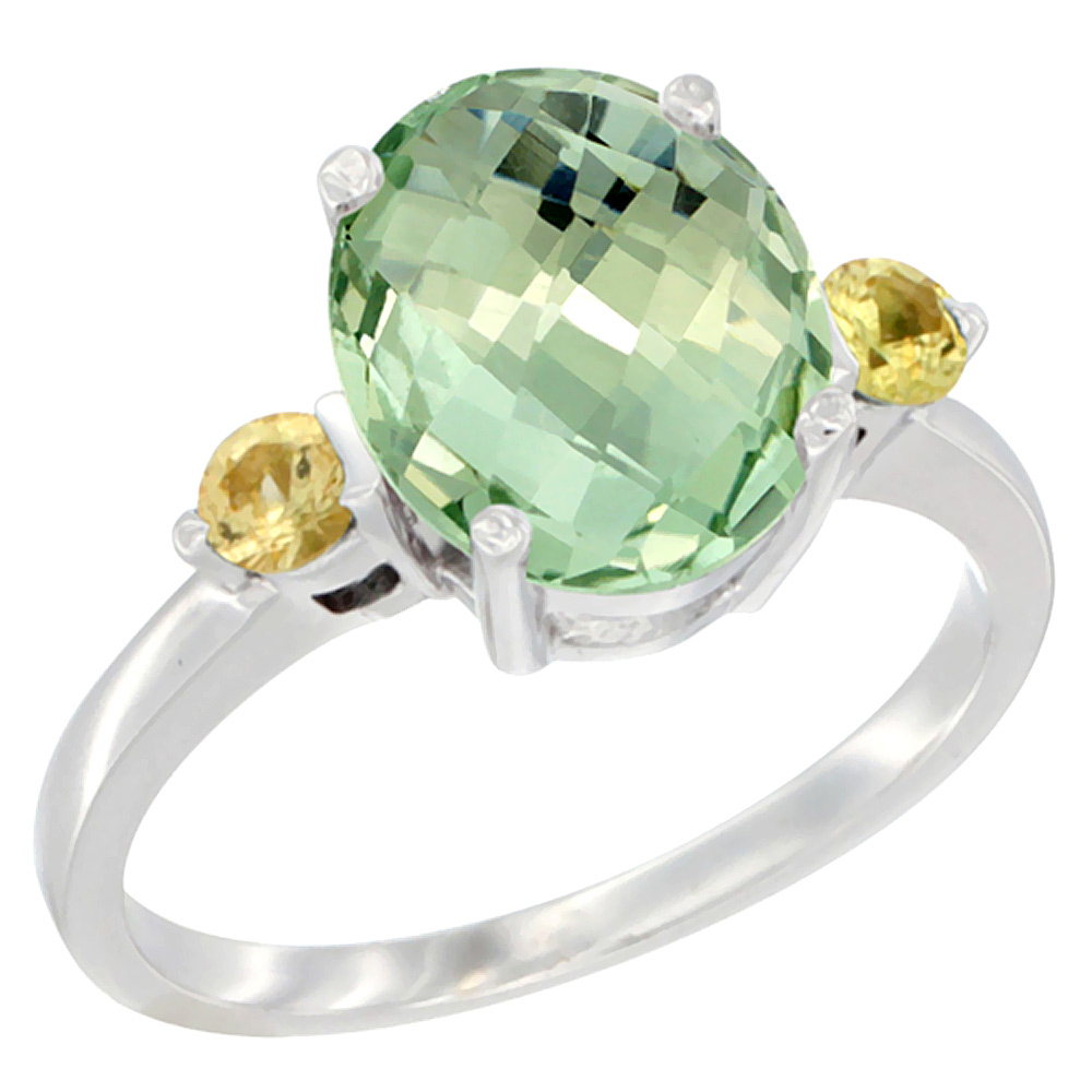14K White Gold 10x8mm Oval Natural Green Amethyst Ring for Women Yellow Sapphire Side-stones sizes 5 - 10