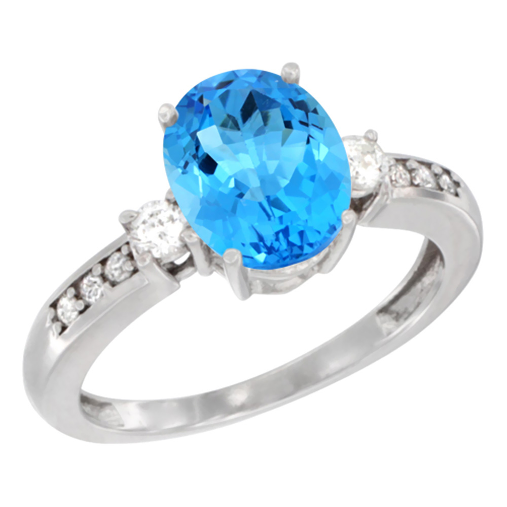 14K White Gold Natural Swiss Blue Topaz Ring Oval 9x7 mm Diamond Accent, sizes 5 - 10