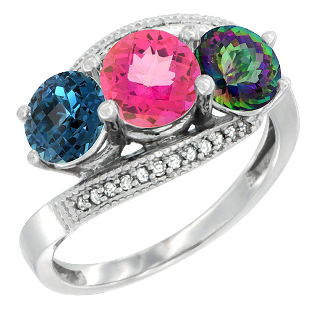 10K White Gold Natural London Blue Topaz, Pink & Mystic Topaz 3 stone Ring Round 6mm Diamond Accent, sizes 5 - 10