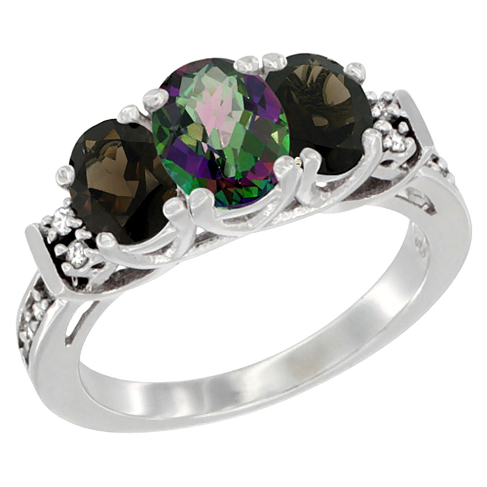 14K White Gold Natural Mystic Topaz & Smoky Topaz Ring 3-Stone Oval Diamond Accent, sizes 5-10