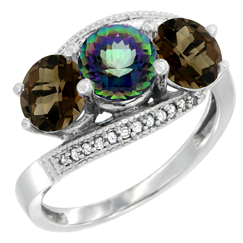 14K White Gold Natural Mystic Topaz & Smoky Topaz Sides 3 stone Ring Round 6mm Diamond Accent, sizes 5 - 10