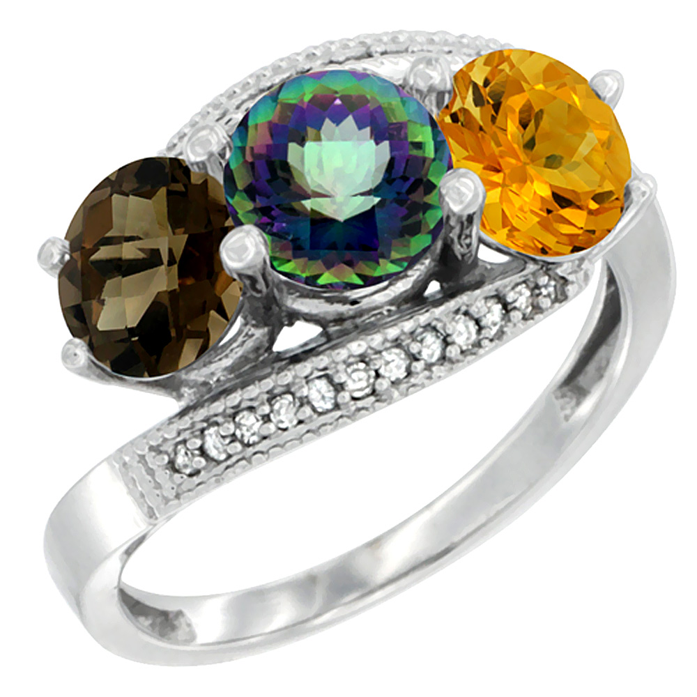 14K White Gold Natural Smoky Topaz, Mystic Topaz & Citrine 3 stone Ring Round 6mm Diamond Accent, sizes 5 - 10