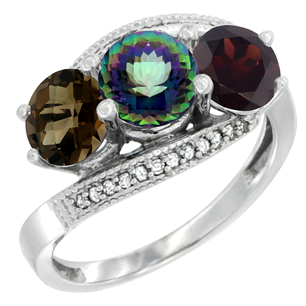 14K White Gold Natural Smoky Topaz, Mystic Topaz & Garnet 3 stone Ring Round 6mm Diamond Accent, sizes 5 - 10