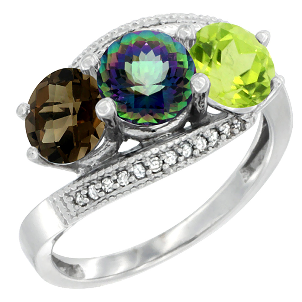 14K White Gold Natural Smoky Topaz, Mystic Topaz & Peridot 3 stone Ring Round 6mm Diamond Accent, sizes 5 - 10