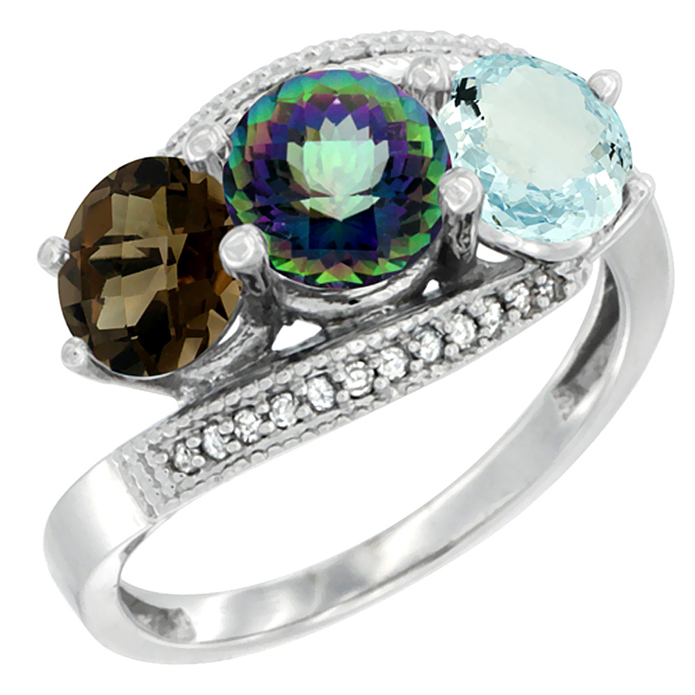 14K White Gold Natural Smoky Topaz, Mystic Topaz & Aquamarine 3 stone Ring Round 6mm Diamond Accent, sizes 5 - 10
