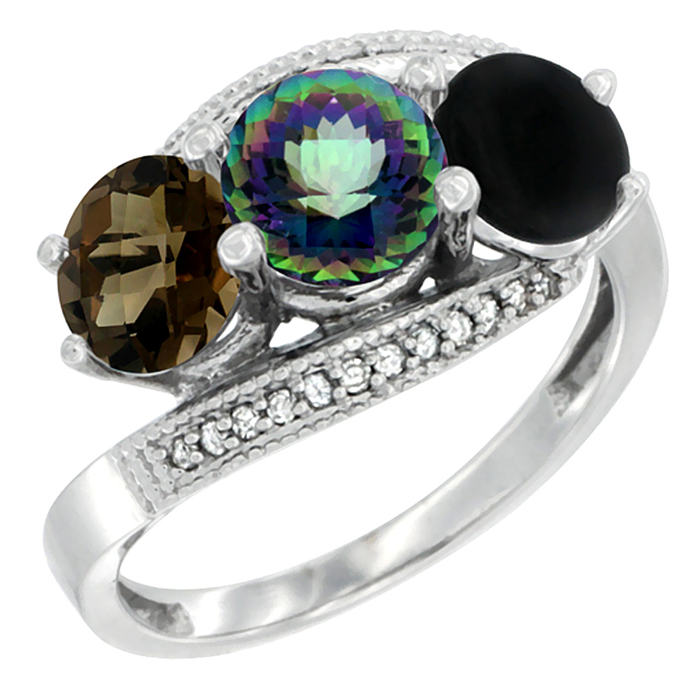14K White Gold Natural Smoky Topaz, Mystic Topaz & Black Onyx 3 stone Ring Round 6mm Diamond Accent, sizes 5 - 10