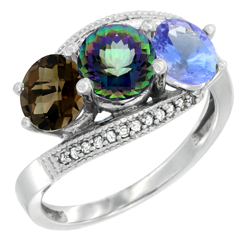 14K White Gold Natural Smoky Topaz, Mystic Topaz & Tanzanite 3 stone Ring Round 6mm Diamond Accent, sizes 5 - 10