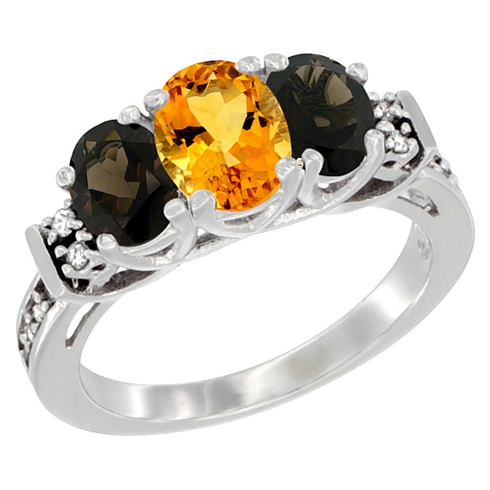 10K White Gold Natural Citrine & Smoky Topaz Ring 3-Stone Oval Diamond Accent, sizes 5-10