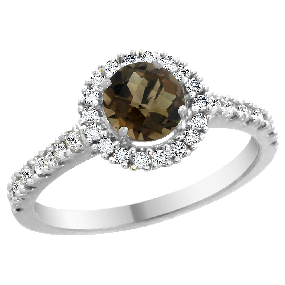 14K White Gold Diamond Halo Natural Smoky Topaz Ring Round 6mm, sizes 5 - 10