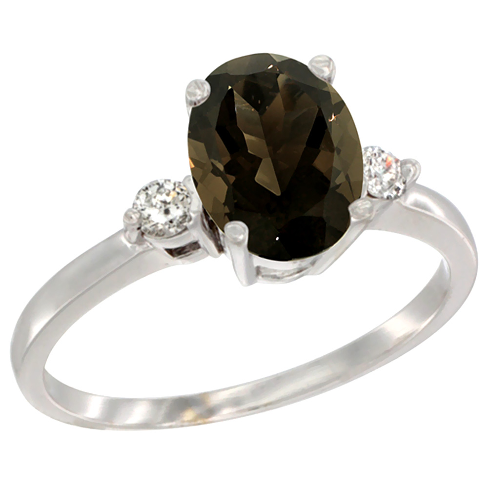 14K White Gold Natural Smoky Topaz Ring Oval 9x7 mm Diamond Accent, sizes 5 to 10