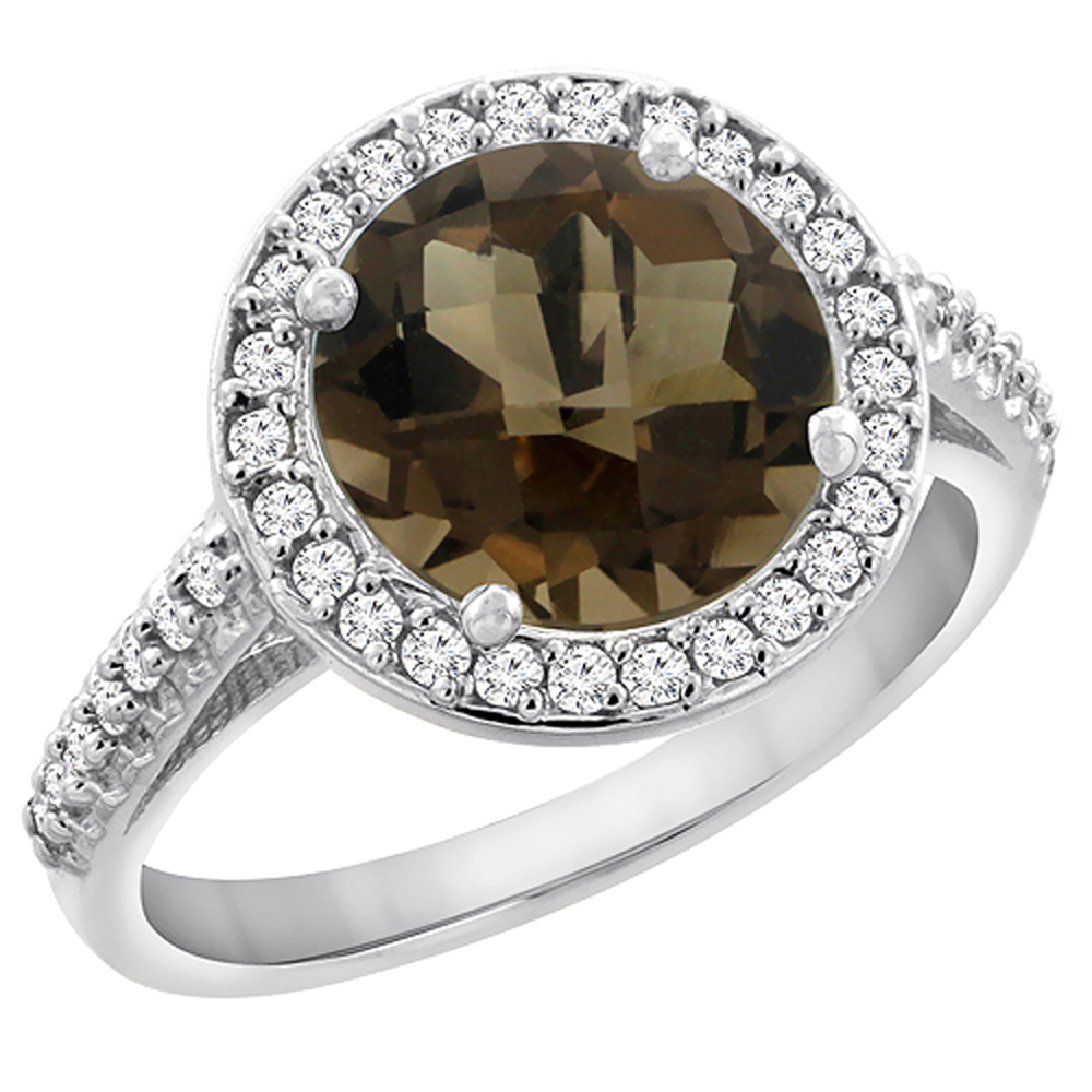 14K White Gold Natural Smoky Topaz Ring Round 8mm Diamond Halo, sizes 5 to 10