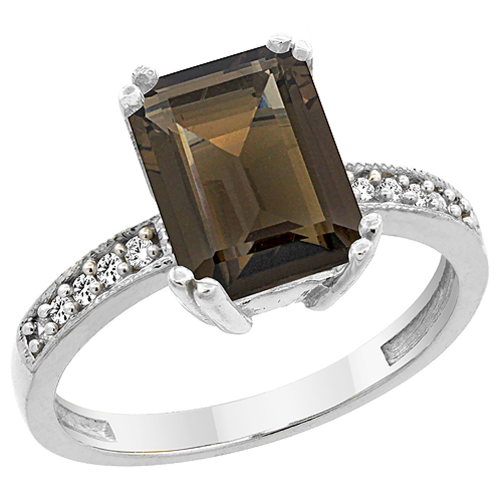 14K White Gold Natural Smoky Topaz Ring Octagon 10x8mm Diamond Accent, sizes 5 to 10