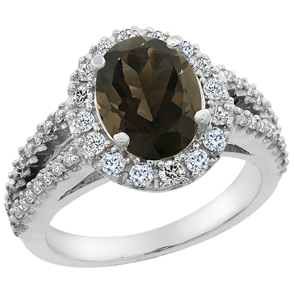 14K White Gold Diamond Natural Smoky Topaz Engagement Ring Oval 10x8mm, sizes 5-10