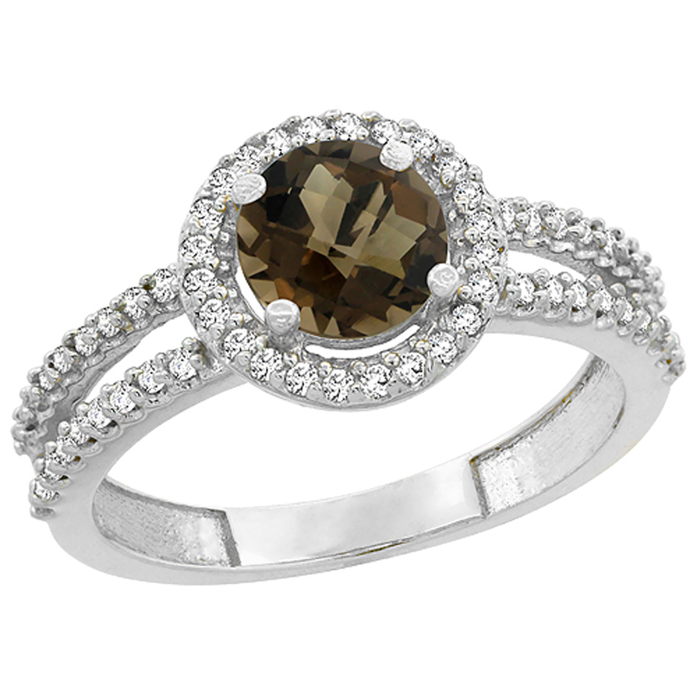 14K White Gold Natural Smoky Topaz Diamond Halo Ring Round 6mm, sizes 5 - 10