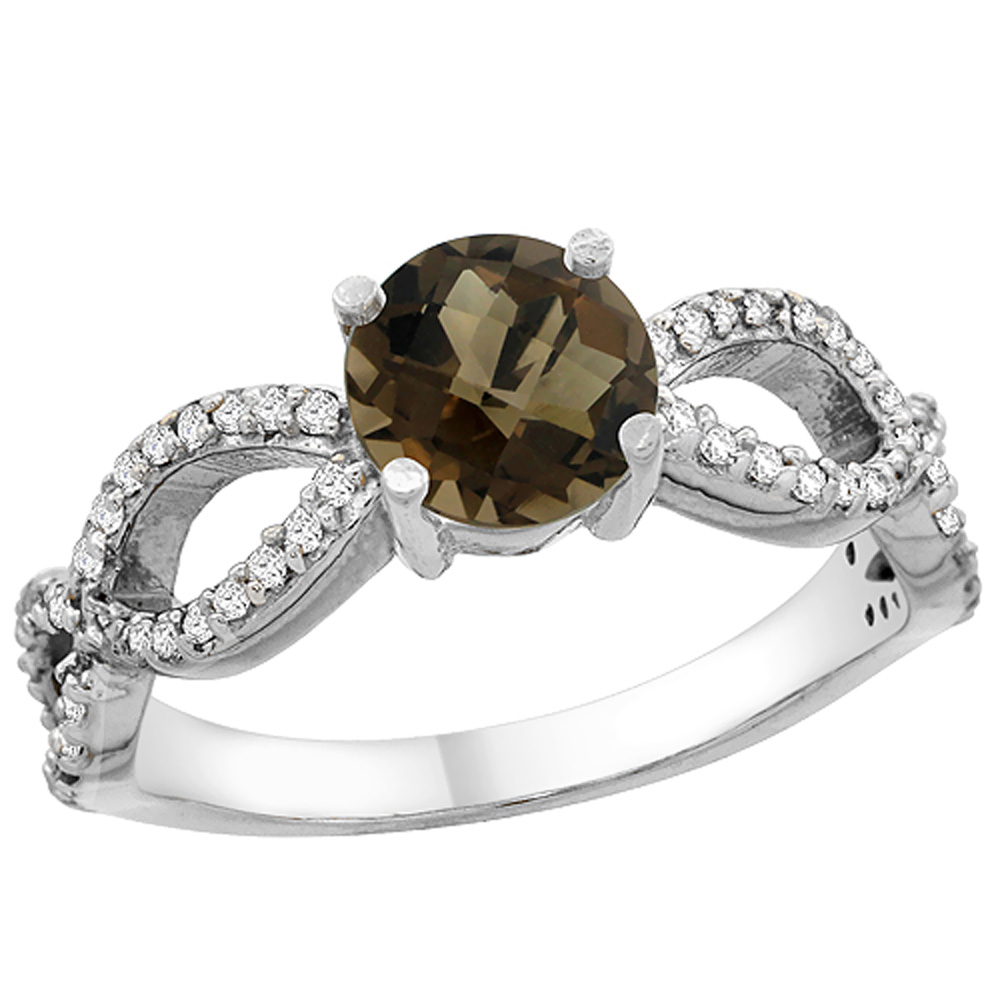 14K White Gold Natural Smoky Topaz Ring Round 6mm Infinity Diamond Accents, sizes 5 - 10
