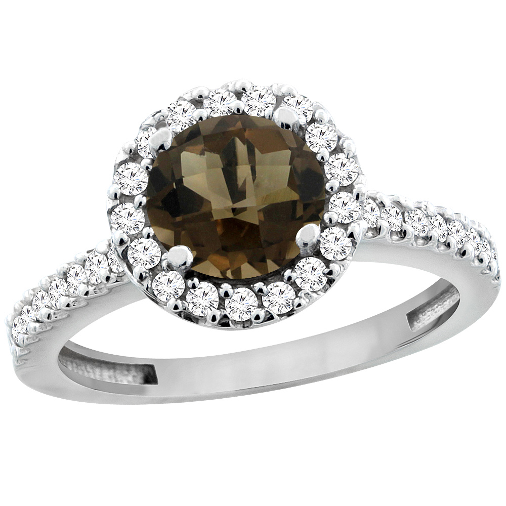 14K White Gold Natural Smoky Topaz Ring Round 6mm Floating Halo Diamond, sizes 5 - 10