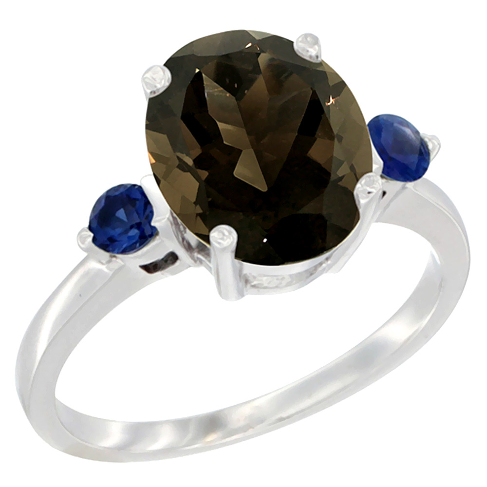 14K White Gold 10x8mm Oval Natural Smoky Topaz Ring for Women Blue Sapphire Side-stones sizes 5 - 10