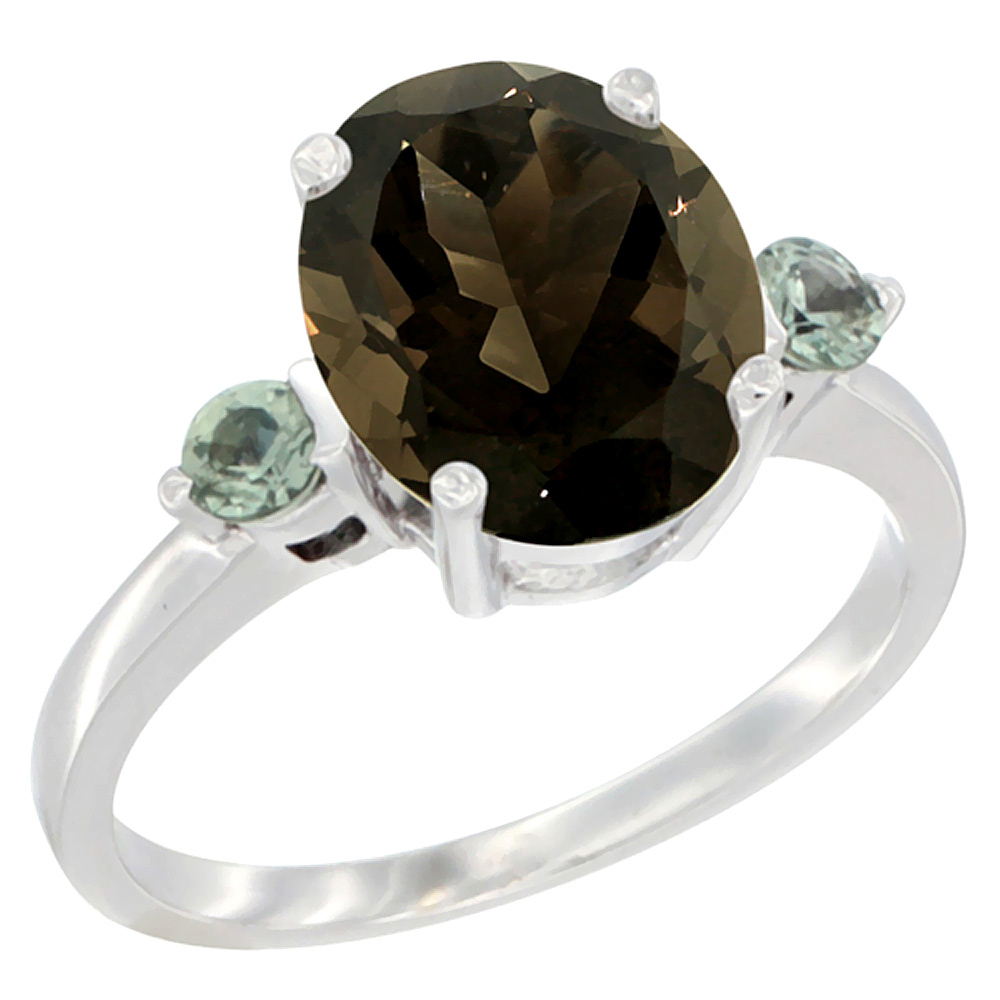 14K White Gold 10x8mm Oval Natural Smoky Topaz Ring for Women Green Sapphire Side-stones sizes 5 - 10