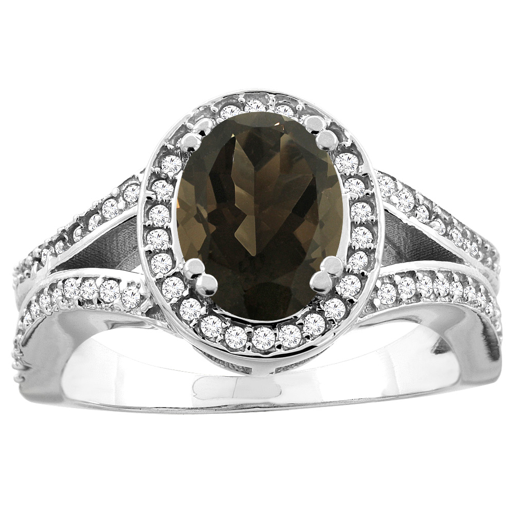 14k Gold Diamond Halo Genuine Smoky Topaz Ring Split Shank Oval 8x6mm, size 5-10