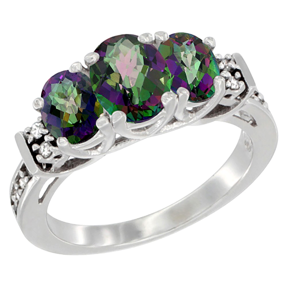 14K White Gold Natural Mystic Topaz Ring 3-Stone Oval Diamond Accent, sizes 5-10