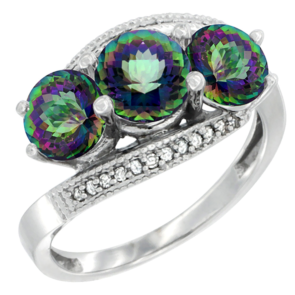14K White Gold Natural Mystic Topaz 3 stone Ring Round 6mm Diamond Accent, sizes 5 - 10