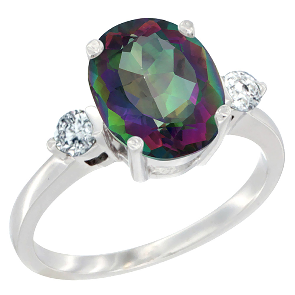 10K White Gold 10x8mm Oval Natural Mystic Topaz Ring for Women Diamond Side-stones sizes 5 - 10