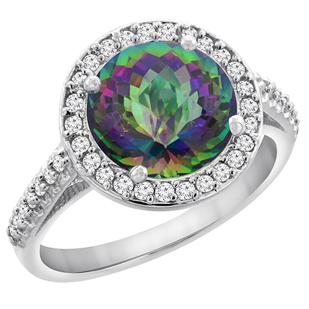 10K White Gold Natural Mystic Topaz Ring Round 8mm Diamond Halo, sizes 5 to 10