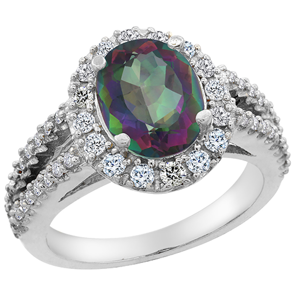 10K White Gold Natural Diamond Mystic Topaz Engagement Ring Oval 10x8mm, sizes 5-10
