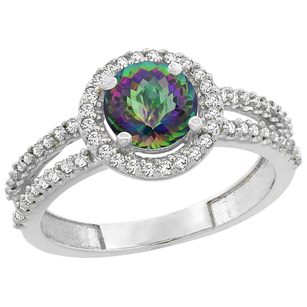 10K White Gold Natural Mystic Topaz Diamond Halo Ring Round 6mm, sizes 5 - 10