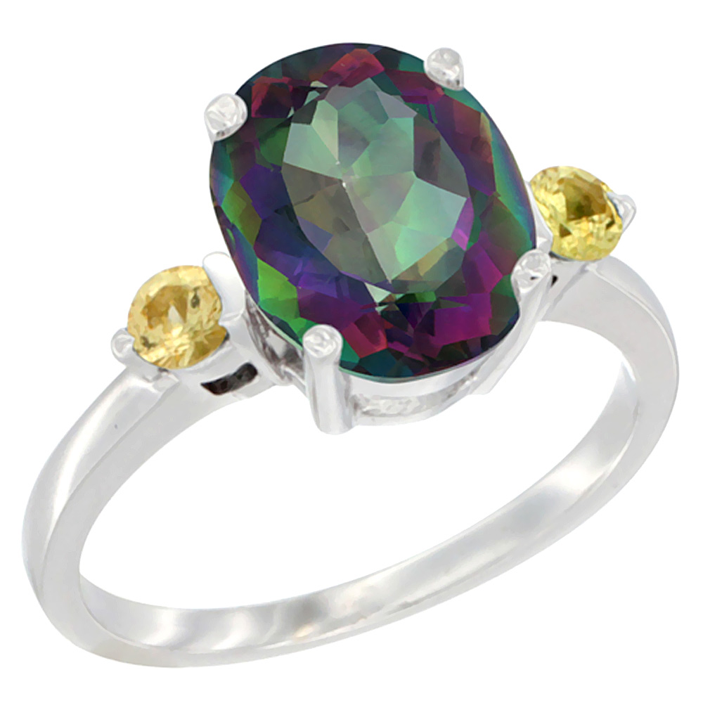 10K White Gold 10x8mm Oval Natural Mystic Topaz Ring for Women Yellow Sapphire Side-stones sizes 5 - 10