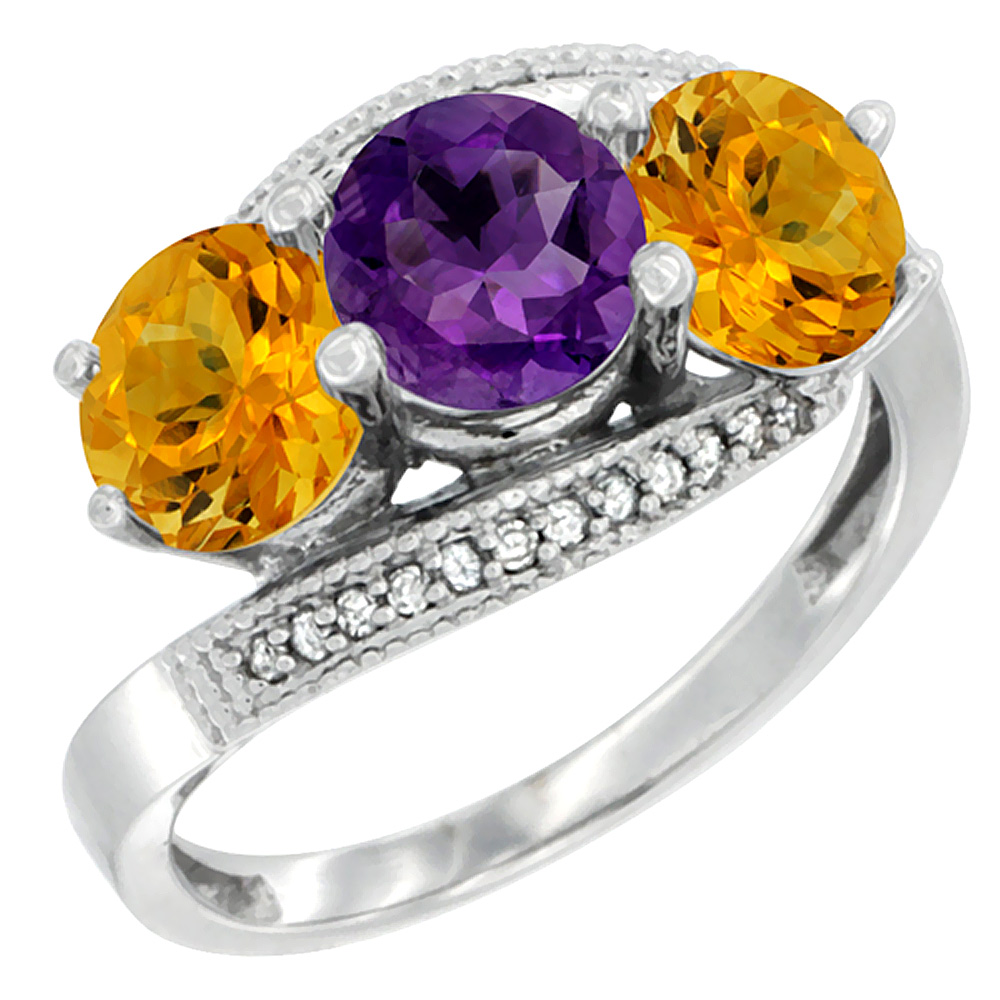 14K White Gold Natural Amethyst & Citrine Sides 3 stone Ring Round 6mm Diamond Accent, sizes 5 - 10