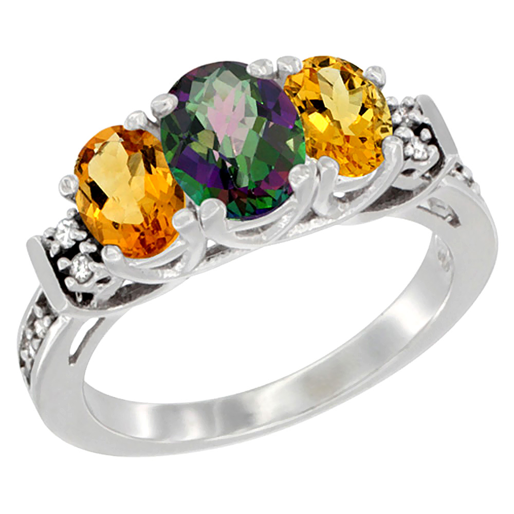 14K White Gold Natural Mystic Topaz & Citrine Ring 3-Stone Oval Diamond Accent, sizes 5-10