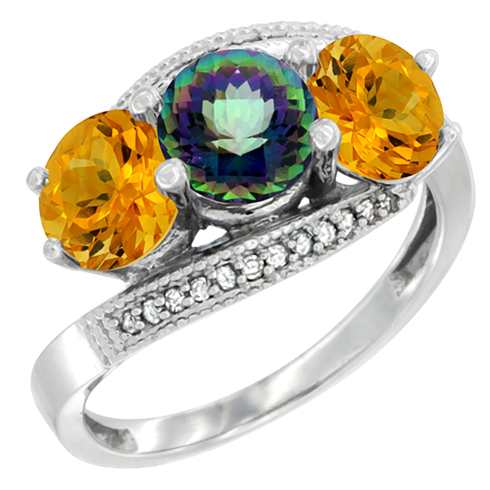 14K White Gold Natural Mystic Topaz & Citrine Sides 3 stone Ring Round 6mm Diamond Accent, sizes 5 - 10